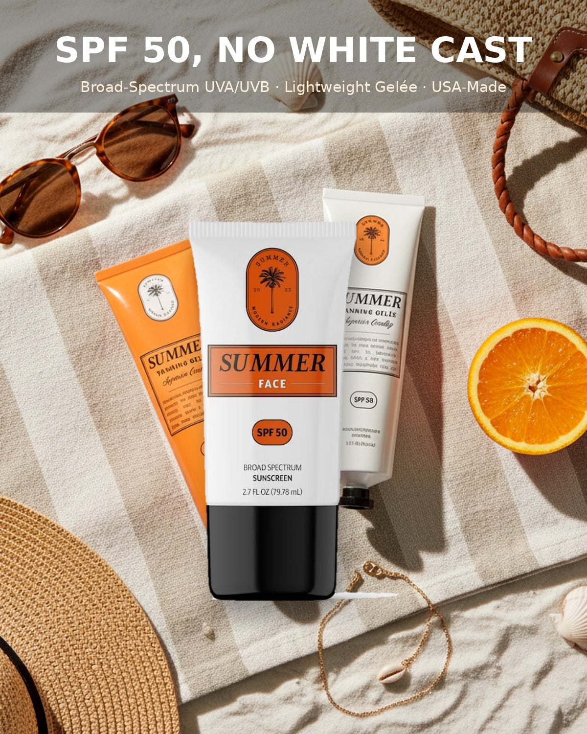 Summer Face SPF 50 invisible facial sunscreen gelée flatlay — broad-spectrum daily SPF, no white cast, makeup-friendly