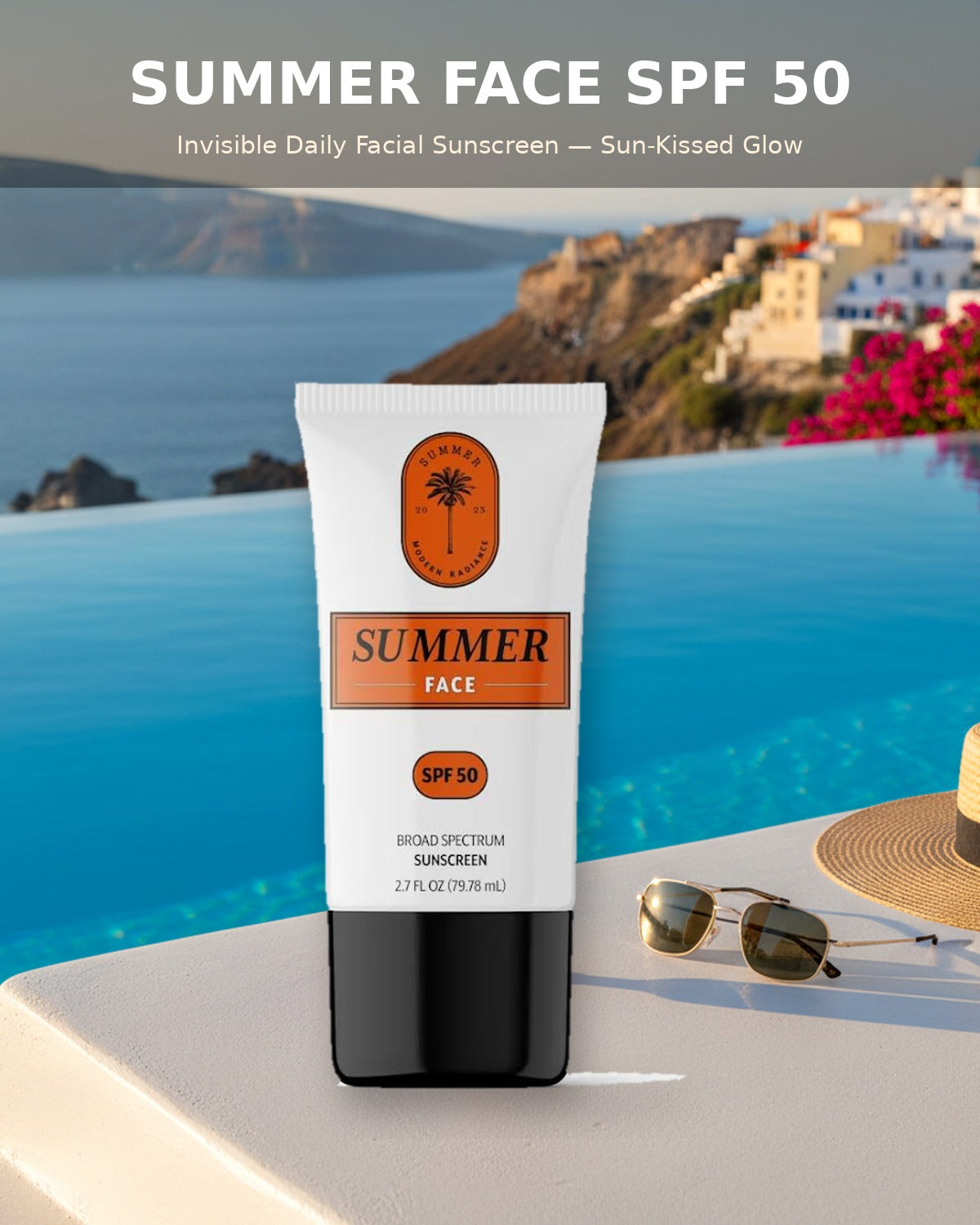 Summer Face SPF 50 invisible facial sunscreen gelée poolside — daily SPF 50 sun protection, no white cast