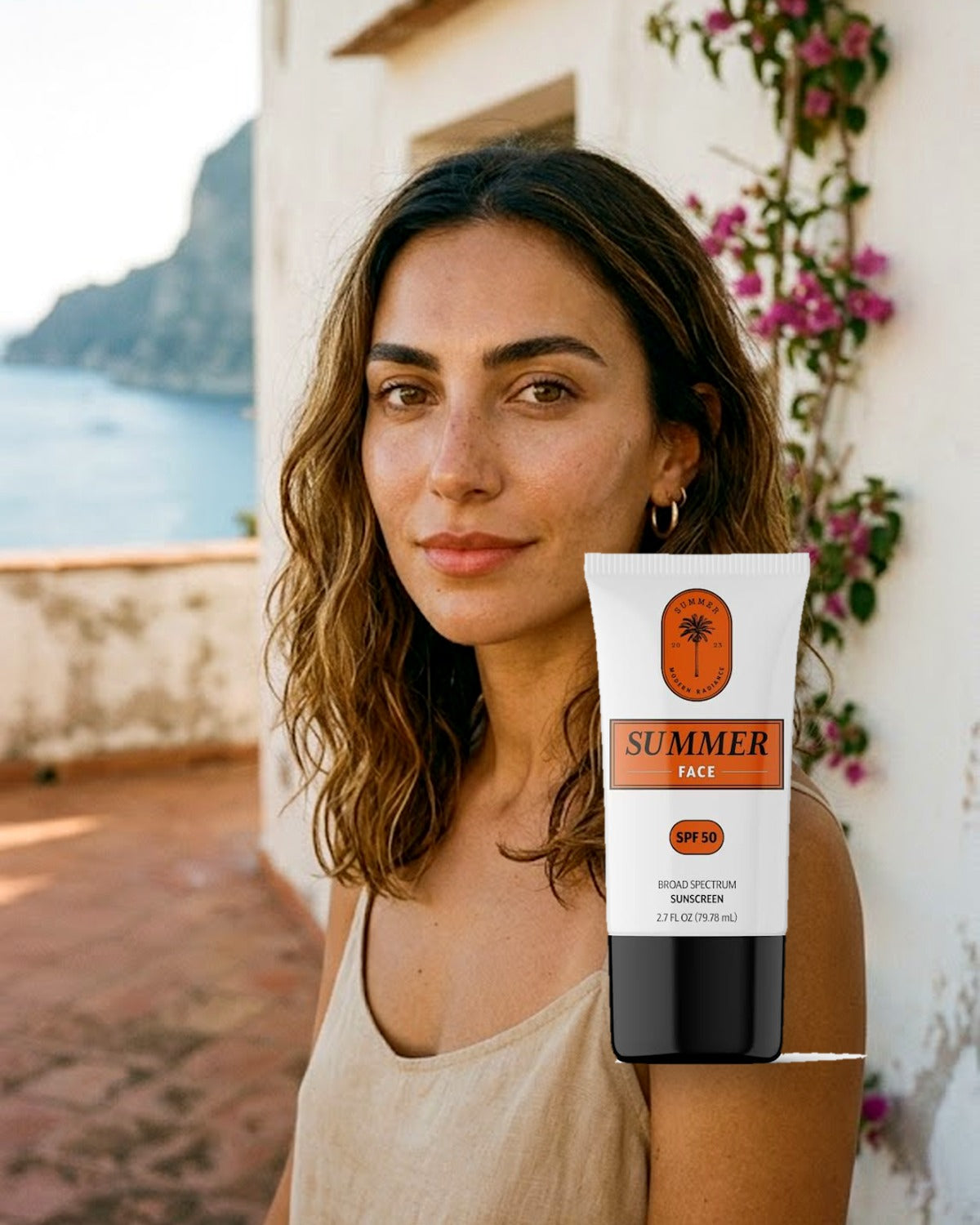 Woman wearing Summer Face SPF 50 invisible facial sunscreen gelée on a Mediterranean trip — sun-kissed glow, no white cast
